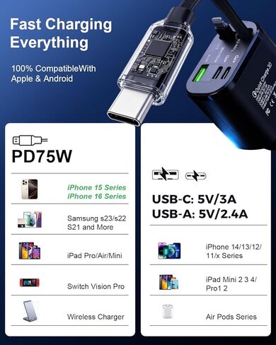 شاحن سيارة سريع 5 في 1 مع منافذ USB-A وUSB-C، وشحن عالي السرعة بقدرة 75 وات، وكابلات USB-C وLightning قابلة للسحب، متوافق مع iPhone 16/15/14 وSamsung Galaxy in Saudi Arabia