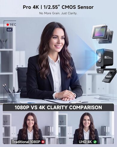 AOC 4K Webcam for PC with 1/2.55'' Sensor, 1080P 60FPS Streaming Camera with PDAF Autofocus, Privacy Cover, Plug & Play computer camera 75° FOV for Zoom/Mac/Switch 2, Includes Tripod & USB A-C Adapter in Saudi Arabia
