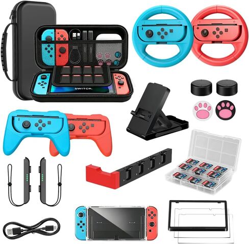حزمة الملحقات لجهاز Nintendo Switch 1/OLED، مجموعة OUNNFOE 19 في 1 لملحقات Switch OLED، حقيبة حمل، قاعدة شحن وحدة التحكم، مقابض إبهام Joy-Con، واقي شاشة مقوى، عجلات قيادة لماريو كارت، غطاء واقٍ لوحدة التحكم in Kuwait
