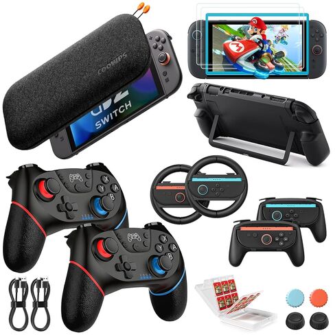 حزمة ملحقات وحدات التحكم الاحترافية لجهاز Nintendo Switch 2 17 في 1: حقيبة حمل، حافظة واقية قابلة للإرساء، مقابض Joy-con، عجلات القيادة، واقيات الشاشة، حافظة بطاقات الألعاب، مقابض الإبهام لجهاز Switch 2 in Kuwait