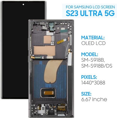 شاشة OLED بديلة لهاتف Samsung Galaxy S23 Ultra SM-S918B SM-S918U SM-S918U1 SM-S918W، SM-S918N، SM-S9180، SM-S918E 6.8 بوصة مجموعة رقمية تعمل باللمس مع أدوات (أسود مع إطار) in Saudi Arabia
