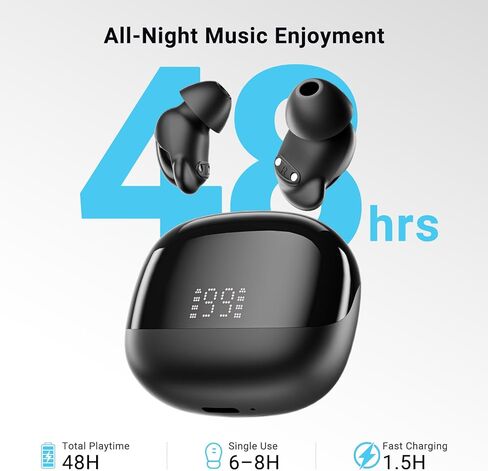 سماعات أذن T33 Sleep، سماعات أذن بلوتوث 6.0 بخاصية إلغاء الضوضاء للنوم الجانبي، ANC حتى 98%، وضع النوم، وقت تشغيل 48 ساعة، سماعات أذن صغيرة مريحة مناسبة للنوم والسفر والعمل، أسود in Kuwait