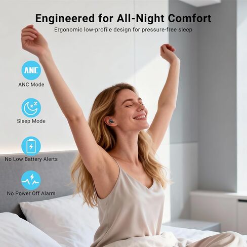 سماعات أذن T33 Sleep، سماعات أذن بلوتوث 6.0 بخاصية إلغاء الضوضاء للنوم الجانبي، ANC حتى 98%، وضع النوم، وقت تشغيل 48 ساعة، سماعات أذن صغيرة مريحة مناسبة للنوم والسفر والعمل، أسود in Kuwait