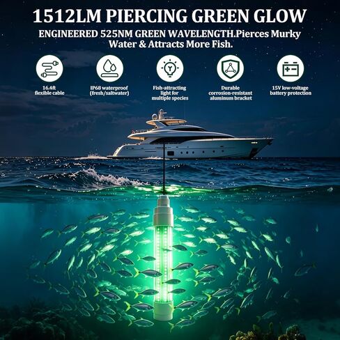 ضوء صيد LED تحت الماء، متوافق مع بطارية Ryobi 18V ONE+، ضوء صيد أخضر 1512 لومن للصيد الليلي، وجذب الكرابي والحبار، رصيف محمول، ضوء الرصيف والقارب (بدون بطارية) in Kuwait