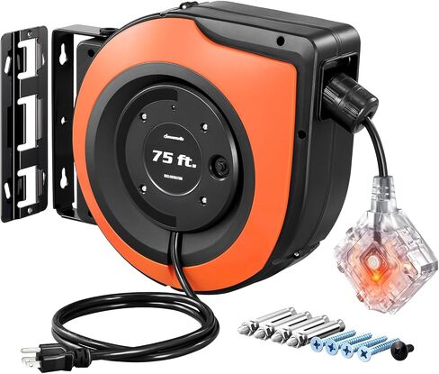 DEWENWILS 75 FT Retractable Extension Cord Reel with 6 Grounded Outlets, 14/3C SJTOW Heavy Duty Power Cord with New Twist-Lock Stopper, 10A Circuit Breaker, ETL Listed in Saudi Arabia