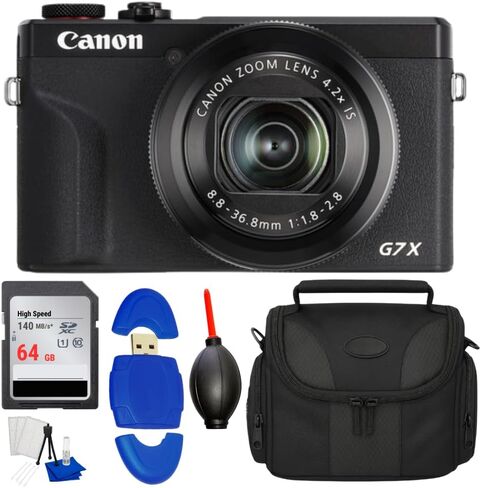 حزمة كاميرا Canon PowerShot G7 X Mark III الرقمية (أسود) مع بطاقة ذاكرة سعة 64 جيجابايت وقارئ بطاقات وحقيبة أدوات ومجموعة تنظيف ومنفاخ غبار وقماش من الألياف الدقيقة والعديد من الملحقات الأخرى in Kuwait