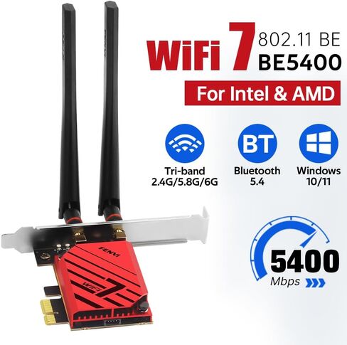 بطاقة FENVI FV-BE5400Pro Wi-Fi 7 PCIe، محول لاسلكي ثلاثي الموجات بسرعة 5.4 جيجابت في الثانية مع بلوتوث 5.4، MLO | OFDMA | MU-MIMO، بطاقة شبكة WiFi7 MT7925 لألعاب الكمبيوتر المكتبي بدقة 4K، تدعم AMD/Intel in Saudi Arabia