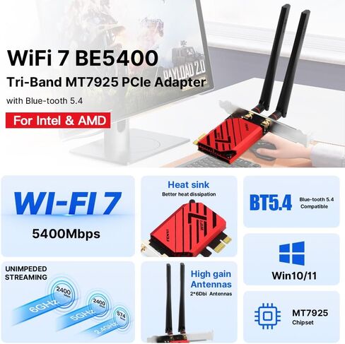 بطاقة FENVI FV-BE5400Pro Wi-Fi 7 PCIe، محول لاسلكي ثلاثي الموجات بسرعة 5.4 جيجابت في الثانية مع بلوتوث 5.4، MLO | OFDMA | MU-MIMO، بطاقة شبكة WiFi7 MT7925 لألعاب الكمبيوتر المكتبي بدقة 4K، تدعم AMD/Intel in Saudi Arabia