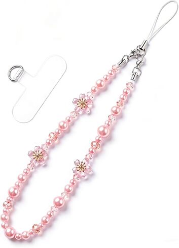 Cherry Blossom Phone Charm Wristlet - Kawaii Pink Beaded Lanyard Strap - Cute Aesthetic Camera Phone Chain Y2K in Saudi Arabia