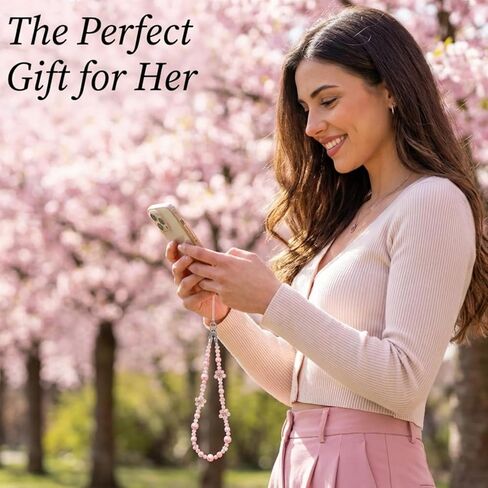 Cherry Blossom Phone Charm Wristlet - Kawaii Pink Beaded Lanyard Strap - Cute Aesthetic Camera Phone Chain Y2K in Saudi Arabia
