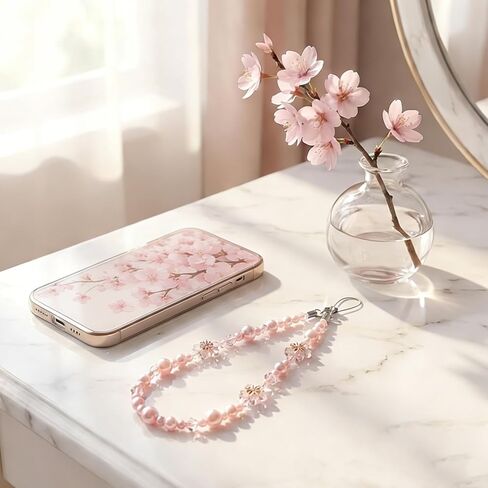 Cherry Blossom Phone Charm Wristlet - Kawaii Pink Beaded Lanyard Strap - Cute Aesthetic Camera Phone Chain Y2K in Saudi Arabia