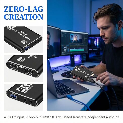 4K HDTV Video Capture Card with 1080P 60FPS, USB 3, 0 Game Recorder for Streaming/Gaming/Meetings - Plug & Play, Ultra-Low Latency, HDR Support in Saudi Arabia