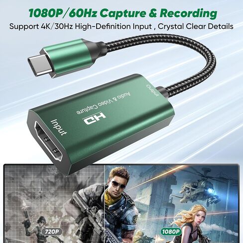 بطاقة التقاط الفيديو، بطاقة التقاط 4K USB 3.0 HDMI إلى USB C، بطاقة تسجيل 1080P 60FPS للألعاب والبث، متوافقة مع IPad Windows Mac OS Switch PS5/4 Xbox OBS Zoom DSLR Camera (أخضر) in Saudi Arabia