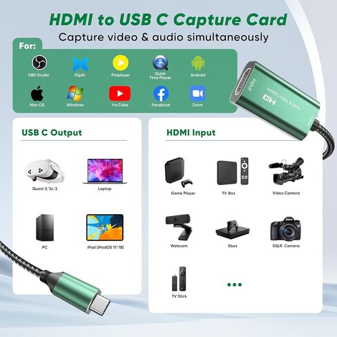 بطاقة التقاط الفيديو، بطاقة التقاط 4K USB 3.0 HDMI إلى USB C، بطاقة تسجيل 1080P 60FPS للألعاب والبث، متوافقة مع IPad Windows Mac OS Switch PS5/4 Xbox OBS Zoom DSLR Camera (أخضر) in Saudi Arabia