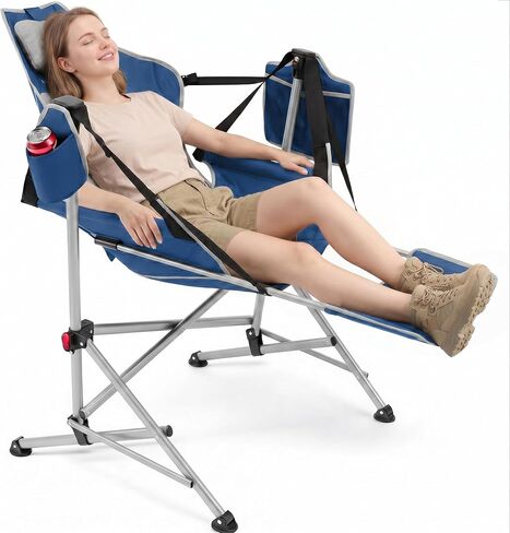 Hammock Camping Chair with Footrest, Oversized Swinging Folding Camp Chair for Adults, Adjustable Back & Seat, Heavy Duty Rocking Chair with Cup Holder & Pillow for Outdoor Patio Lawn RV, Blue in Saudi Arabia