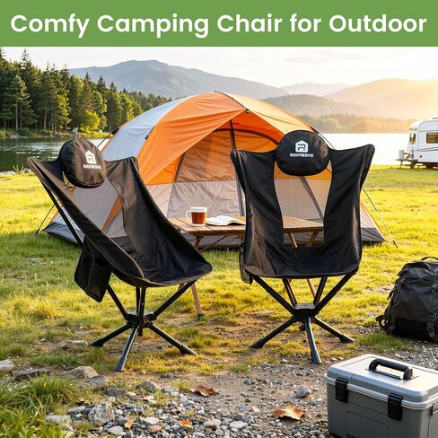 Raynesys 360° Rotation Camping Chair, Compact Hiking Chair with Cup Holder & Storage Pocket, Portable Folding Chairs for Outdoor Activities, High Back Comfort for Long Sitting, 1 Pack Black in Kuwait