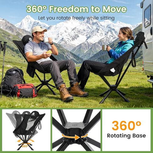 Raynesys 360° Rotation Camping Chair, Compact Hiking Chair with Cup Holder & Storage Pocket, Portable Folding Chairs for Outdoor Activities, High Back Comfort for Long Sitting, 1 Pack Black in Kuwait