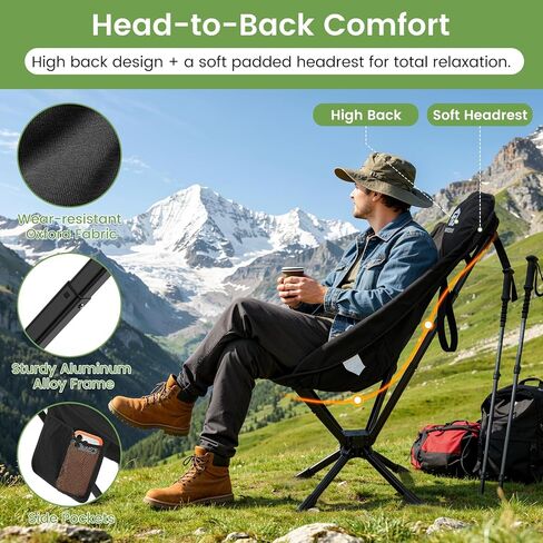 Raynesys 360° Rotation Camping Chair, Compact Hiking Chair with Cup Holder & Storage Pocket, Portable Folding Chairs for Outdoor Activities, High Back Comfort for Long Sitting, 1 Pack Black in Kuwait