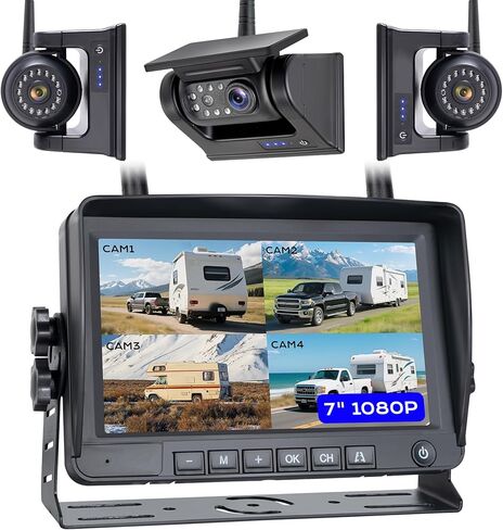 كاميرا احتياطية لاسلكية RV مقاس 7 بوصات 3 مغناطيسية، شاشة DVR HD1080P، IP69 مقاومة للماء ورؤية ليلية بالأشعة تحت الحمراء 3 × 9600 مللي أمبير في الساعة، كاميرات قابلة لإعادة الشحن، كاميرتان جانبيتان وكاميرا خلفية واحدة لشاحنة مقطورة in Kuwait