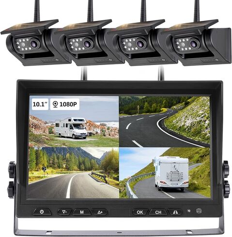 10.1 بوصة - 4 نظام كاميرا احتياطية لاسلكية تعمل بالطاقة الشمسية، شاشة DVR عالية الدقة 1080 بكسل، كاميرات لاسلكية RV لمقطورة العربة RV، رؤية ليلية بالأشعة تحت الحمراء، بطارية قابلة لإعادة الشحن 4 × 9600 مللي أمبير في الساعة، SR4 in Kuwait