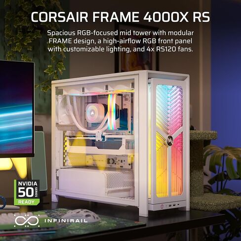 CORSAIR Frame 4000X RS Modular Mid-Tower ATX PC Case – RGB Front Panel, 4X RS120 PWM Fans Included, InfiniRail Fan Mount System, Reverse GPU Anti-Sag and Motherboard Support – White in Saudi Arabia