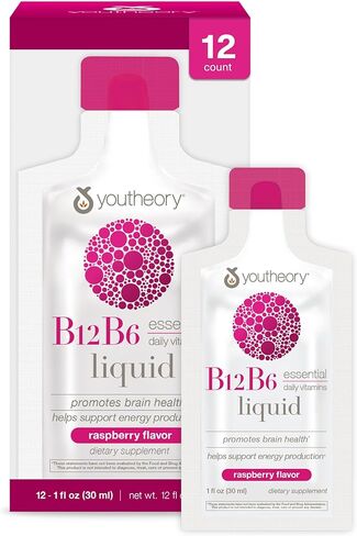 Youtheory Vitamin B12 B6, Daily Energy and Brain Support Supplement, Liquid Raspberry Flavor, 12 – 1oz Single Serving Packets in Saudi Arabia