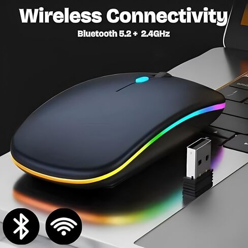 Wireless Mouse for Laptop & PC – Magic, Bluetooth, Rechargeable USB-C, Slim Design with RGB Backlight, Dual Mode 2.4GHz for MacBook, iPad (Jet Black) in Saudi Arabia