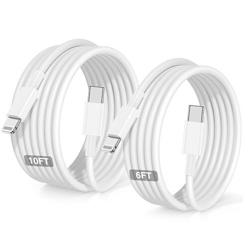 كابل USB C إلى Lightning 2 حزمة 6/10FT [معتمد من Apple MFi]، كابل USB من النوع C إلى Lightning، كابل شاحن iPhone سريع USBC لتوصيل الطاقة سلك شحن سريع لهاتف iPhone 14/13/12/11/XS/XR/X/8/iPad-أبيض in Kuwait