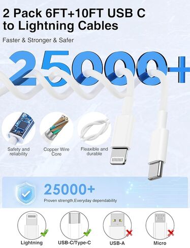 كابل USB C إلى Lightning 2 حزمة 6/10FT [معتمد من Apple MFi]، كابل USB من النوع C إلى Lightning، كابل شاحن iPhone سريع USBC لتوصيل الطاقة سلك شحن سريع لهاتف iPhone 14/13/12/11/XS/XR/X/8/iPad-أبيض in Kuwait