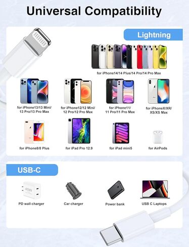 كابل USB C إلى Lightning 2 حزمة 6/10FT [معتمد من Apple MFi]، كابل USB من النوع C إلى Lightning، كابل شاحن iPhone سريع USBC لتوصيل الطاقة سلك شحن سريع لهاتف iPhone 14/13/12/11/XS/XR/X/8/iPad-أبيض in Kuwait