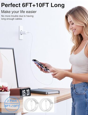 كابل USB C إلى Lightning 2 حزمة 6/10FT [معتمد من Apple MFi]، كابل USB من النوع C إلى Lightning، كابل شاحن iPhone سريع USBC لتوصيل الطاقة سلك شحن سريع لهاتف iPhone 14/13/12/11/XS/XR/X/8/iPad-أبيض in Kuwait