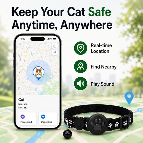 جهاز تعقب الحيوانات الأليفة، طوق GPS للقطط (Android فقط) علامة ذكية، مقاوم للماء متوافق مع Google Find My، بدون رسوم شهرية، طوق ذكي لحل التتبع المتقدم لسلامة الحيوانات الأليفة، مثالي للقطط الصغيرة الكبيرة (أسود) in Kuwait