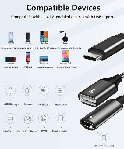 محول USB C إلى USB مع شحن من النوع C، موزع OTG 2 في 1 من النوع C 3.0 مع شحن سريع 60 وات PD متوافق مع iPhone 16 15 Pro Max وGalaxy S24 S23 S22 وPixel 9 8 7 وiPad Pro وGoogle TV 2020 in Kuwait