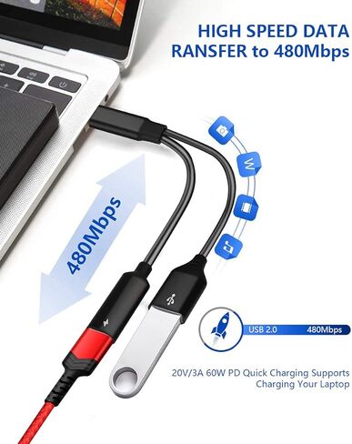محول USB C إلى USB مع شحن من النوع C، موزع OTG 2 في 1 من النوع C 3.0 مع شحن سريع 60 وات PD متوافق مع iPhone 16 15 Pro Max وGalaxy S24 S23 S22 وPixel 9 8 7 وiPad Pro وGoogle TV 2020 in Kuwait
