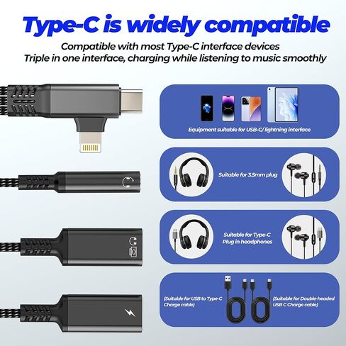 محول سماعة رأس USB C Lightning إلى Type C OTG (3 في 2) لهاتف iPhone 17 16 15 14 Aux Audio Jack 3.5mm Splitter لشاحن Apple Dongle لأجهزة Ipad وشاحن سيارة مساعد مزدوج متوافق مع Samsung in Saudi Arabia