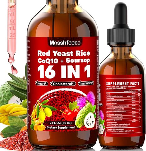 Red Yeast Rice with CoQ10 & Soursop Leaf Extract - Vegan Cholesterol Support Supplement with Red Yeast Rice, Promotes Heart & Immune Health, Non-GMO-2 Fl Oz in Saudi Arabia