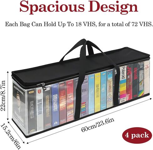 حقيبة تخزين VHS مكونة من 4 قطع من Klmnop تحمل ما يصل إلى 72 شريط VHS، منظم أفلام كبير بمقابض، حامل وسائط مقاوم للغبار لأشرطة الفيديو وأقراص DVD والأقراص المضغوطة (18 لكل حقيبة) in Kuwait