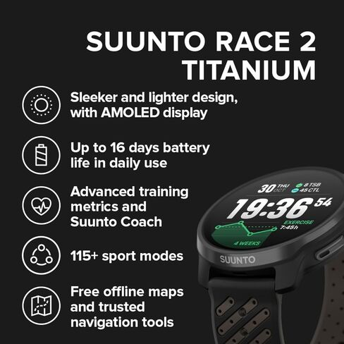 SUUNTO Race 2 GPS Sports Watch, 1.5" AMOLED Touchscreen w/Crown, Titanium Black & SUUNTO 22 ATH8 Silicone Strap Orange S+M in Saudi Arabia