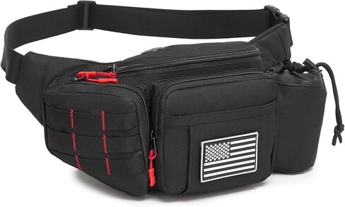 Tactical Fanny Pack for Men Waterproof with MOLLE System, Military Waist Bag Hip Belt with Adjustable Strap Earphone Hole, Bumbag for Outdoor Hiking Cycling Fishing Walking Black Red in Saudi Arabia