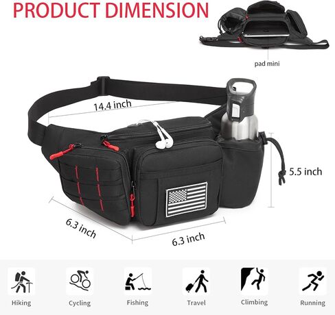 Tactical Fanny Pack for Men Waterproof with MOLLE System, Military Waist Bag Hip Belt with Adjustable Strap Earphone Hole, Bumbag for Outdoor Hiking Cycling Fishing Walking Black Red in Saudi Arabia