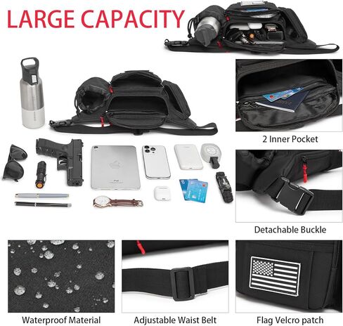 Tactical Fanny Pack for Men Waterproof with MOLLE System, Military Waist Bag Hip Belt with Adjustable Strap Earphone Hole, Bumbag for Outdoor Hiking Cycling Fishing Walking Black Red in Saudi Arabia