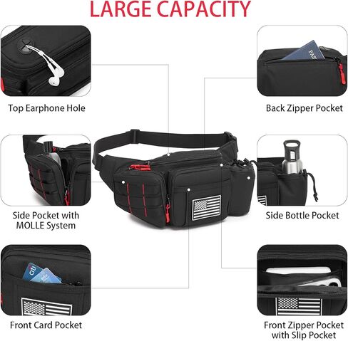 Tactical Fanny Pack for Men Waterproof with MOLLE System, Military Waist Bag Hip Belt with Adjustable Strap Earphone Hole, Bumbag for Outdoor Hiking Cycling Fishing Walking Black Red in Saudi Arabia