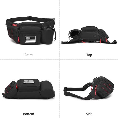 Tactical Fanny Pack for Men Waterproof with MOLLE System, Military Waist Bag Hip Belt with Adjustable Strap Earphone Hole, Bumbag for Outdoor Hiking Cycling Fishing Walking Black Red in Saudi Arabia