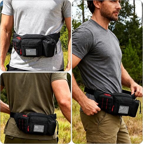Tactical Fanny Pack for Men Waterproof with MOLLE System, Military Waist Bag Hip Belt with Adjustable Strap Earphone Hole, Bumbag for Outdoor Hiking Cycling Fishing Walking Black Red in Saudi Arabia