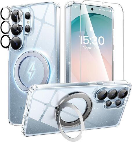 360°Ring Stand for Samsung Galaxy S26 Ultra Case with 1X Screen Protector +1X Camera Cover,Fit for MagSafe, Anti-Yellowing & Scratch-Resistant Back Phone Case for Galaxy S26 Ultra 6.9", Clear in Saudi Arabia