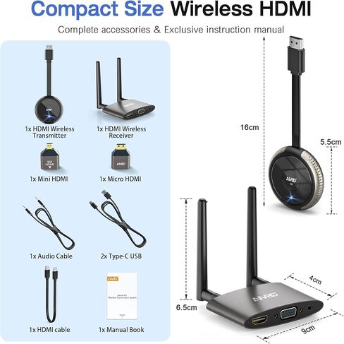 جهاز إرسال HDMI لاسلكي من TIMBOOTECH × 2 وجهاز استقبال واحد 4K، 5.8G HDMI جهاز إرسال لاسلكي لنقل فيديو ثابت، التوصيل والتشغيل، يدعم شاشات HDMI وVGA المزدوجة، 165FT/50M، رمادي in Kuwait