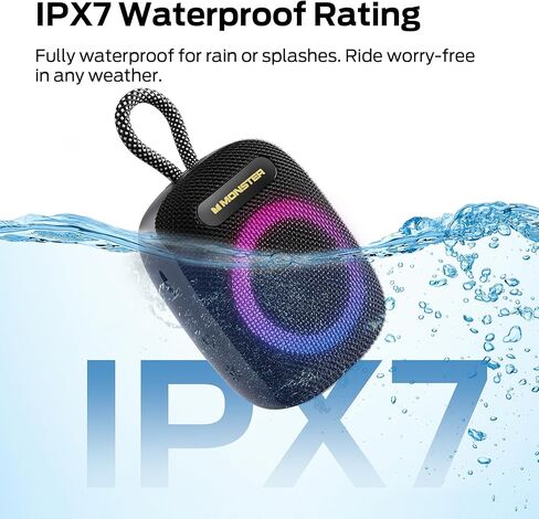 Monster S300 Portable Bluetooth Bike Speaker, IPX7 Waterproof Wireless Shower Speaker with RGB Lights, 10H Playtime, Loud Sound, Bluetooth 6.0, Bike Accessories, TWS, for Outdoors/Travel/Home, Black in Saudi Arabia