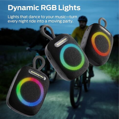 Monster S300 Portable Bluetooth Bike Speaker, IPX7 Waterproof Wireless Shower Speaker with RGB Lights, 10H Playtime, Loud Sound, Bluetooth 6.0, Bike Accessories, TWS, for Outdoors/Travel/Home, Black in Saudi Arabia
