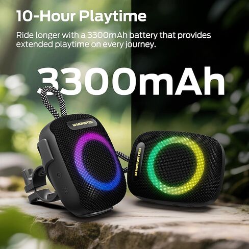 Monster S300 Portable Bluetooth Bike Speaker, IPX7 Waterproof Wireless Shower Speaker with RGB Lights, 10H Playtime, Loud Sound, Bluetooth 6.0, Bike Accessories, TWS, for Outdoors/Travel/Home, Black in Saudi Arabia
