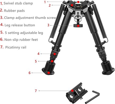 Picatinny السكك الحديدية Bipod 6-9 بوصات قابل للتعديل - Bipod بندقية خفيفة الوزن للصيد والرماية والمغامرات في الهواء الطلق. in Kuwait